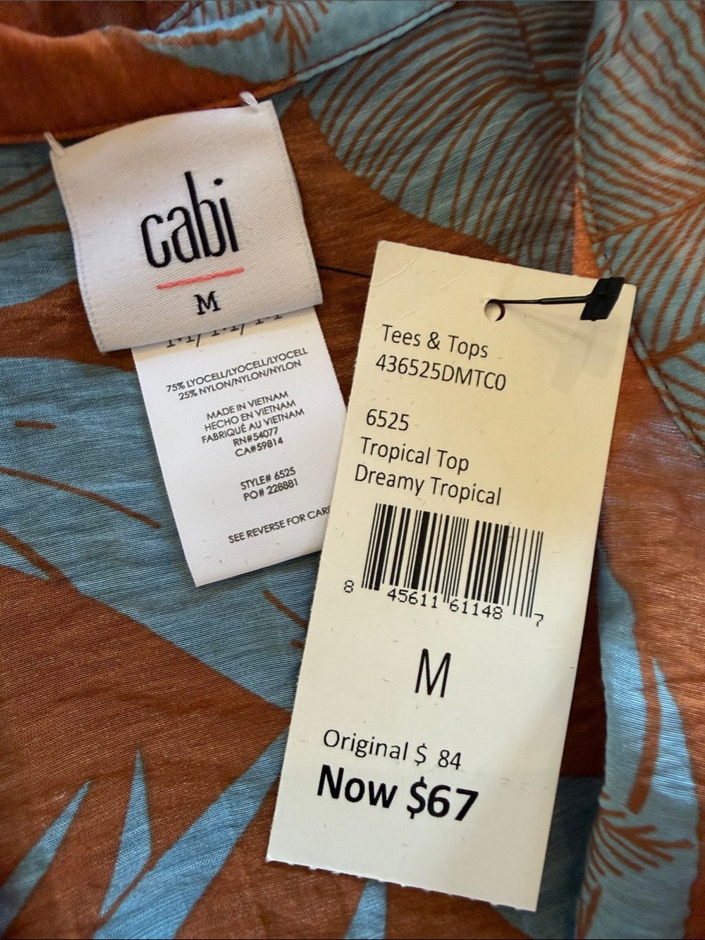 Cabi Sleeveless Tropical Button-Up Blouse in brown & Light Blue - Picture 3 of 3